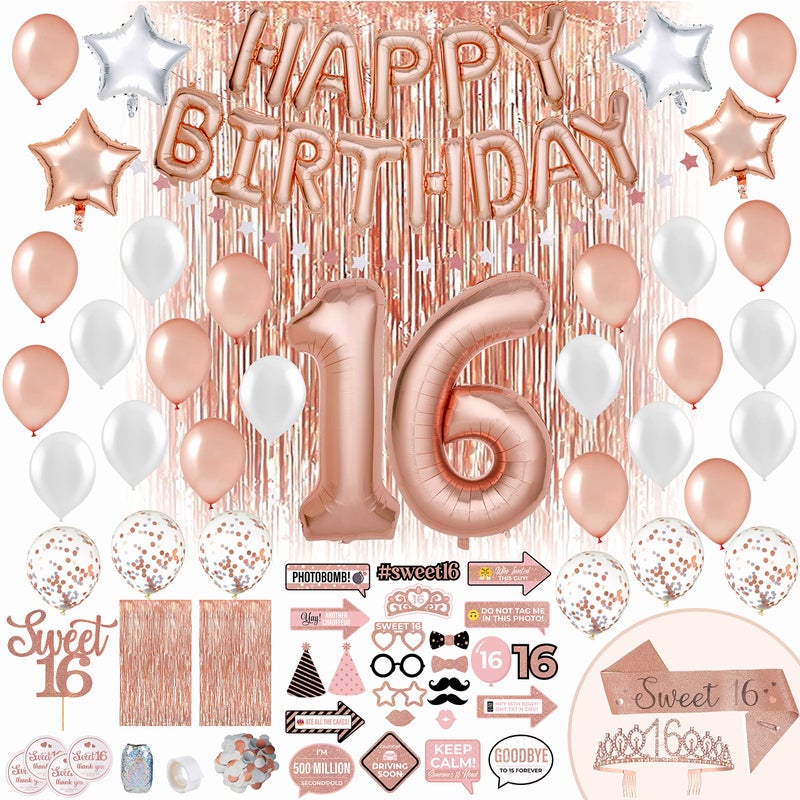 PartyHooman Sweet 16 Birthday Decorations Rose Gold With Sweet 16 Sash and Tiara Set, 2Pcs Backdrop, 25Pcs Pre-assembled Photo Booth Props, Balloons, Cake Topper | 16th birthday decorations for girls - Image 1